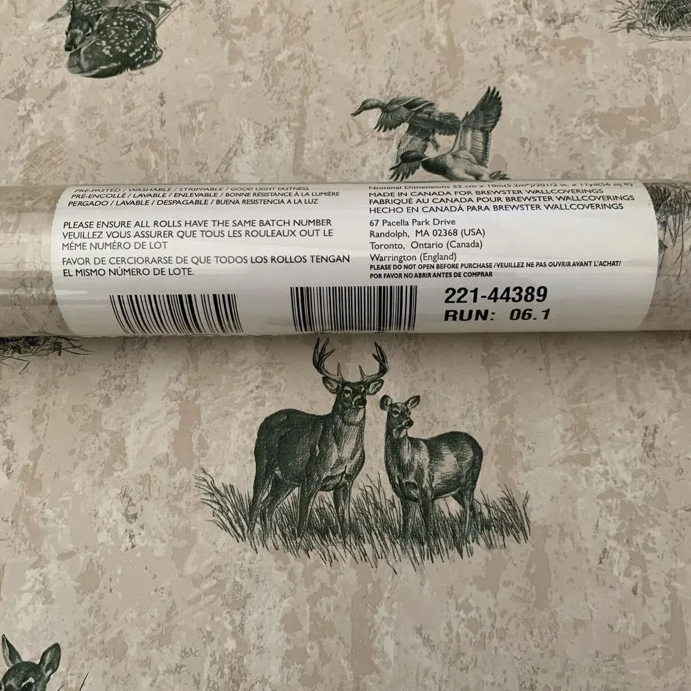 Wallpaper Pre-pasted Vinyl Deer, Doe, Buck, Fawn, Chucker, Ducks 56 Sq. ft.
